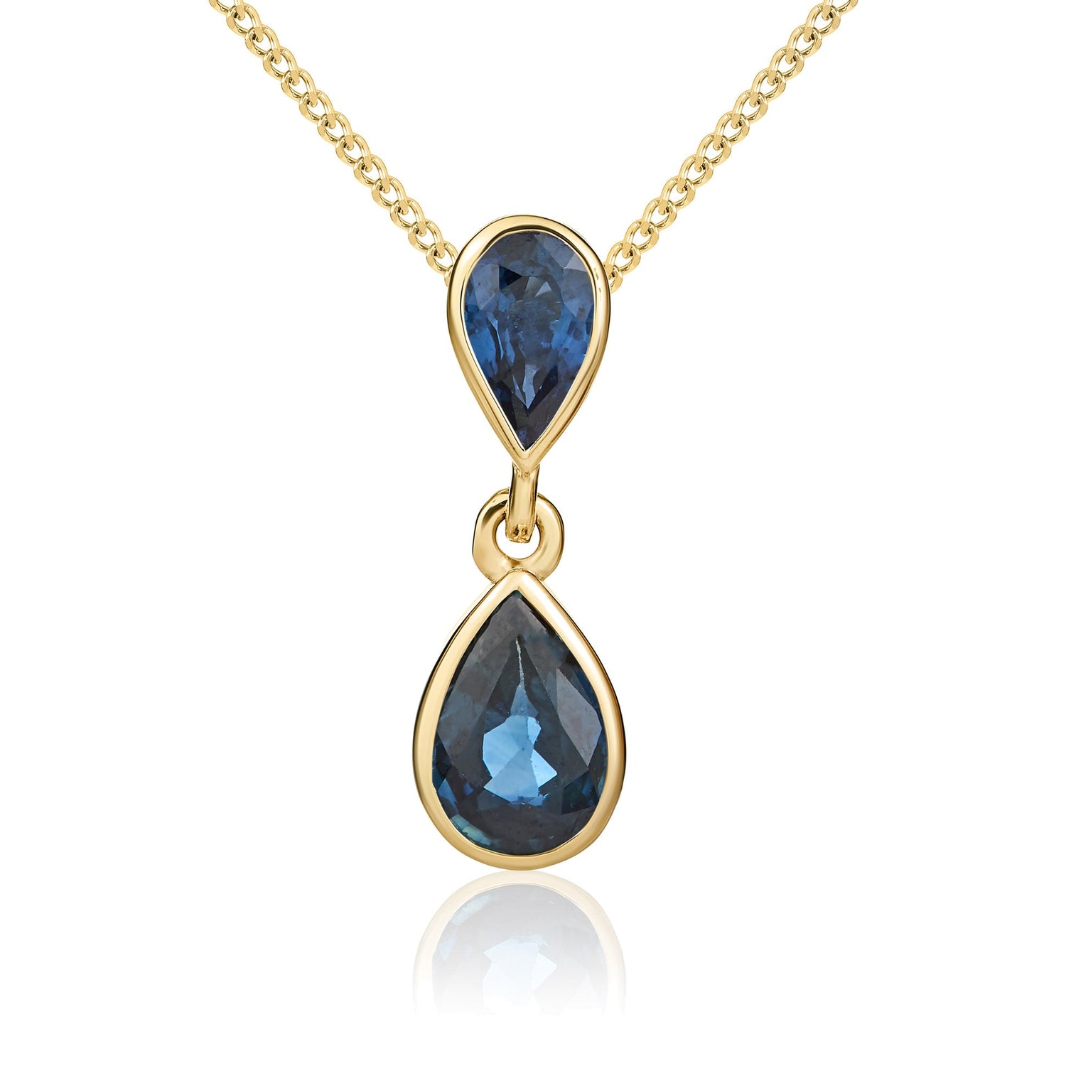 9ct Yellow Gold Pear Shaped Natural Blue Sapphire Two Stone Rubover Drop Pendant