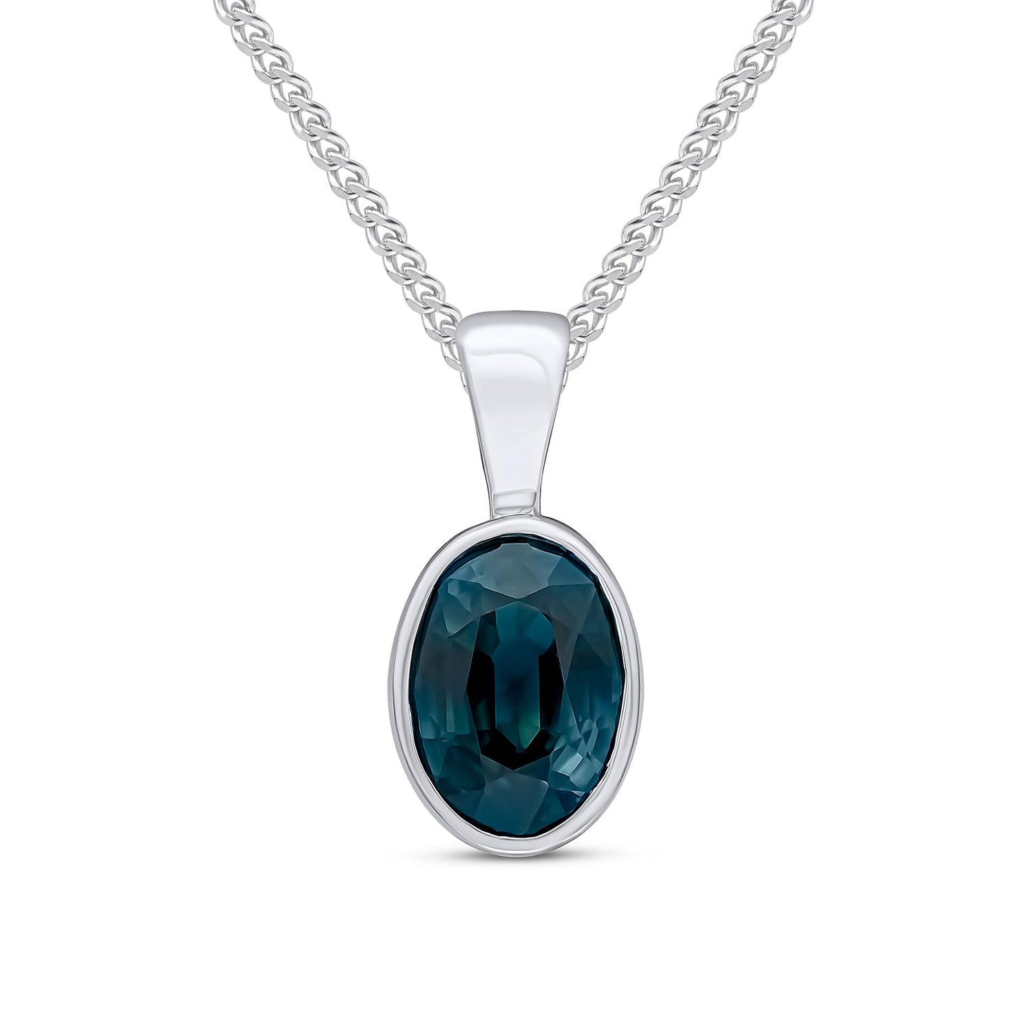 9ct White Gold Oval Natural Sapphire Rubover Pendant — 7x5mm