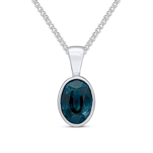 9ct White Gold Oval Natural Sapphire Rubover Pendant — 7x5mm
