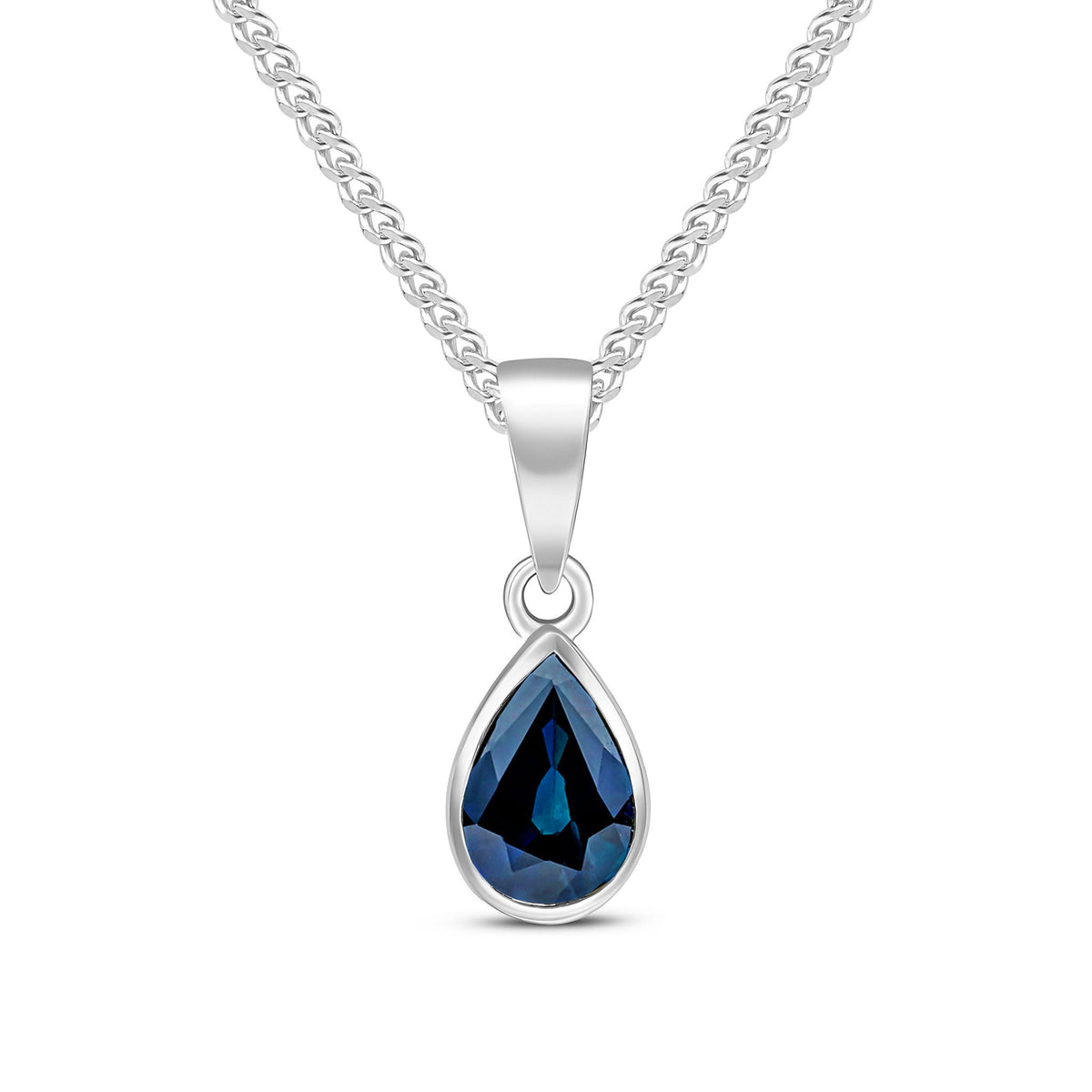 9ct White Gold Pear Shaped Natural Sapphire Rubover Pendant — 7x5mm