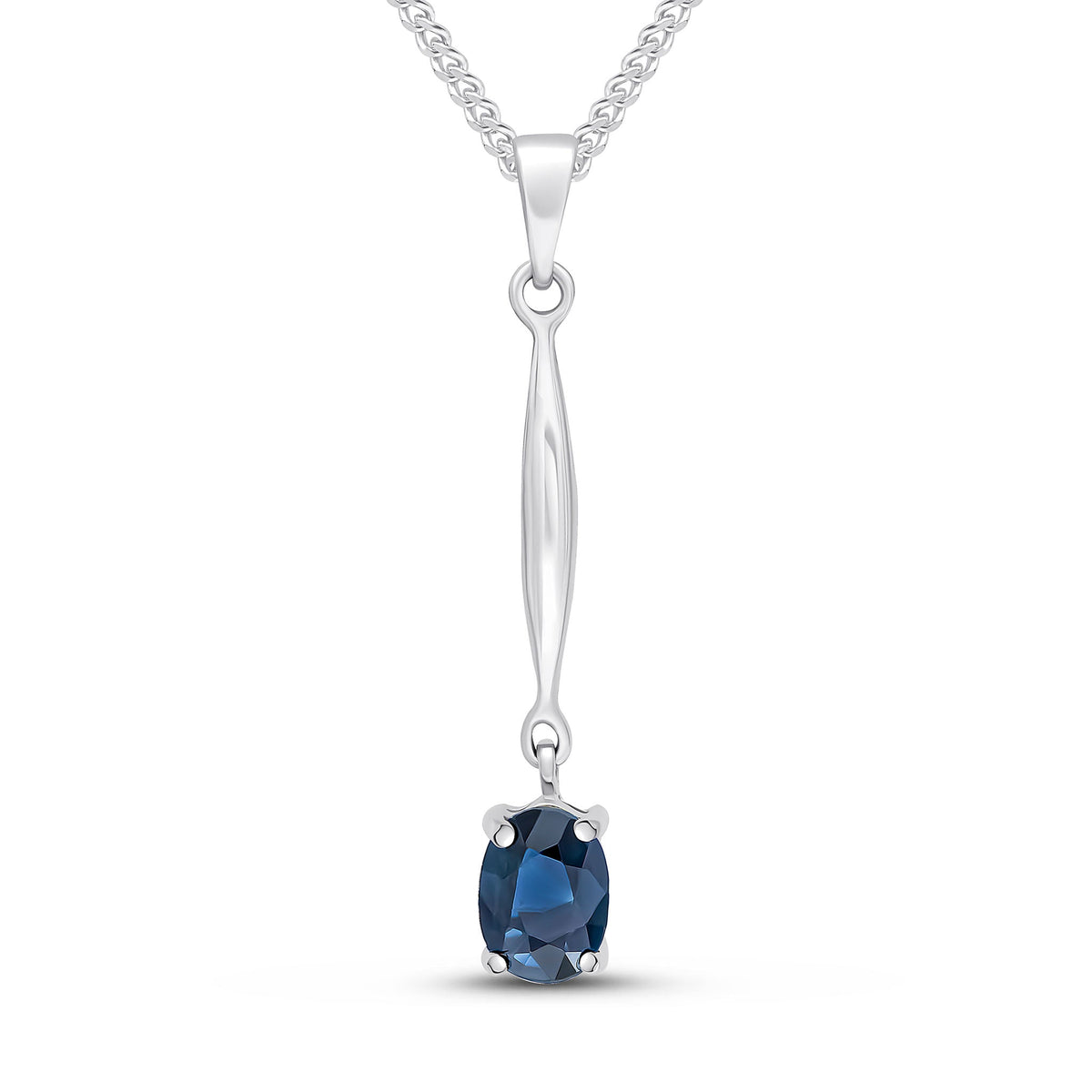 9ct White Gold Oval Natural Sapphire Claw Bar Drop Pendant — 7x5mm