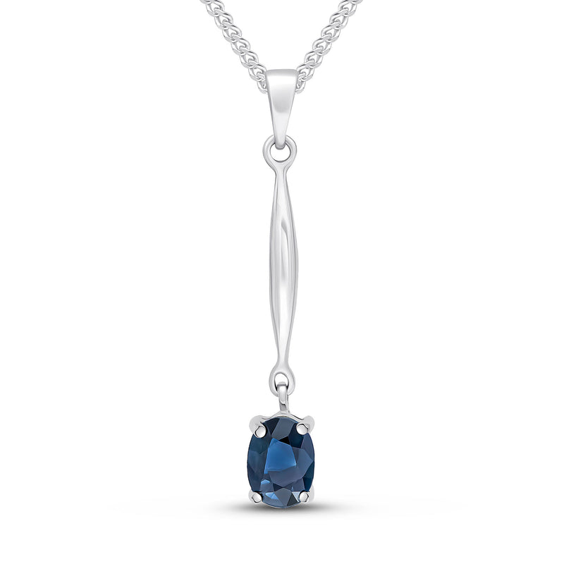 9ct White Gold Oval Natural Sapphire Claw Bar Drop Pendant — 7x5mm