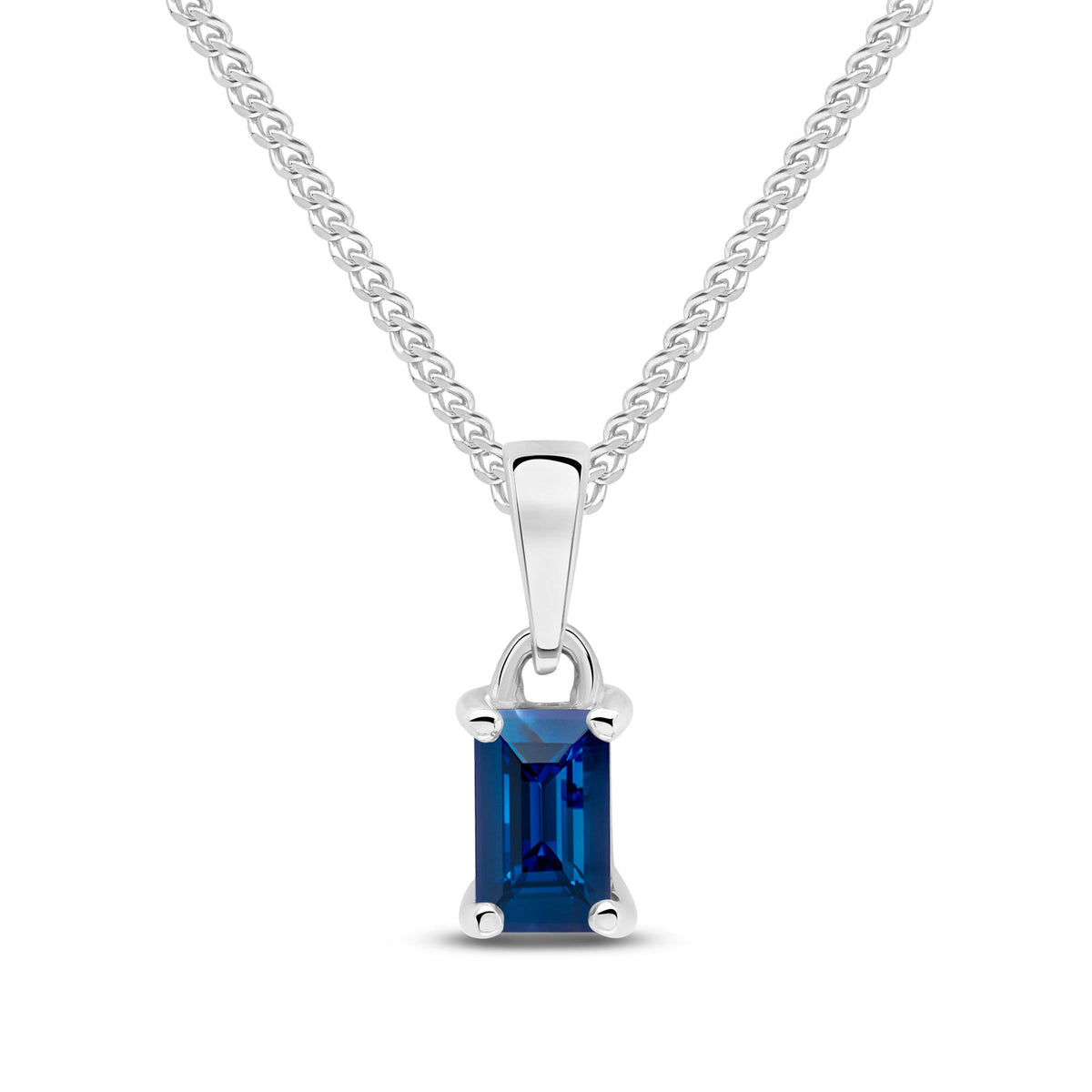 9ct White Gold Octagonal Natural Sapphire Claw Pendant — 5x3mm