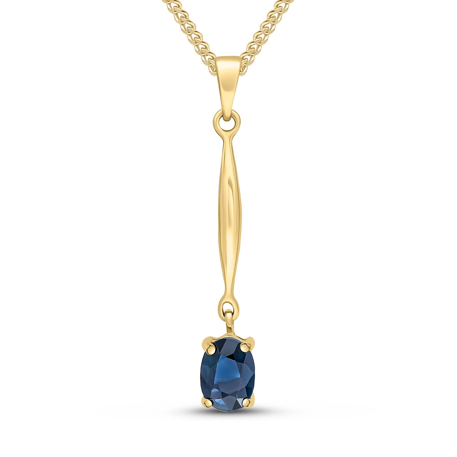 9ct Yellow Gold Oval Natural Sapphire Claw Bar Drop Pendant — 7x5mm
