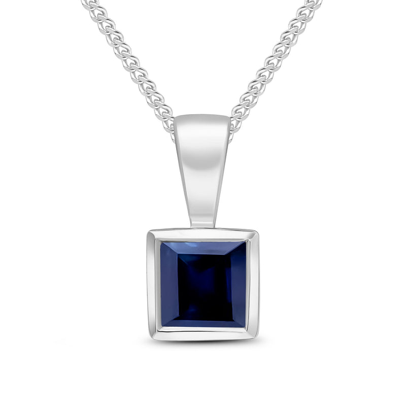 9ct White Gold Square Natural Sapphire Rubover Pendant — 4mm