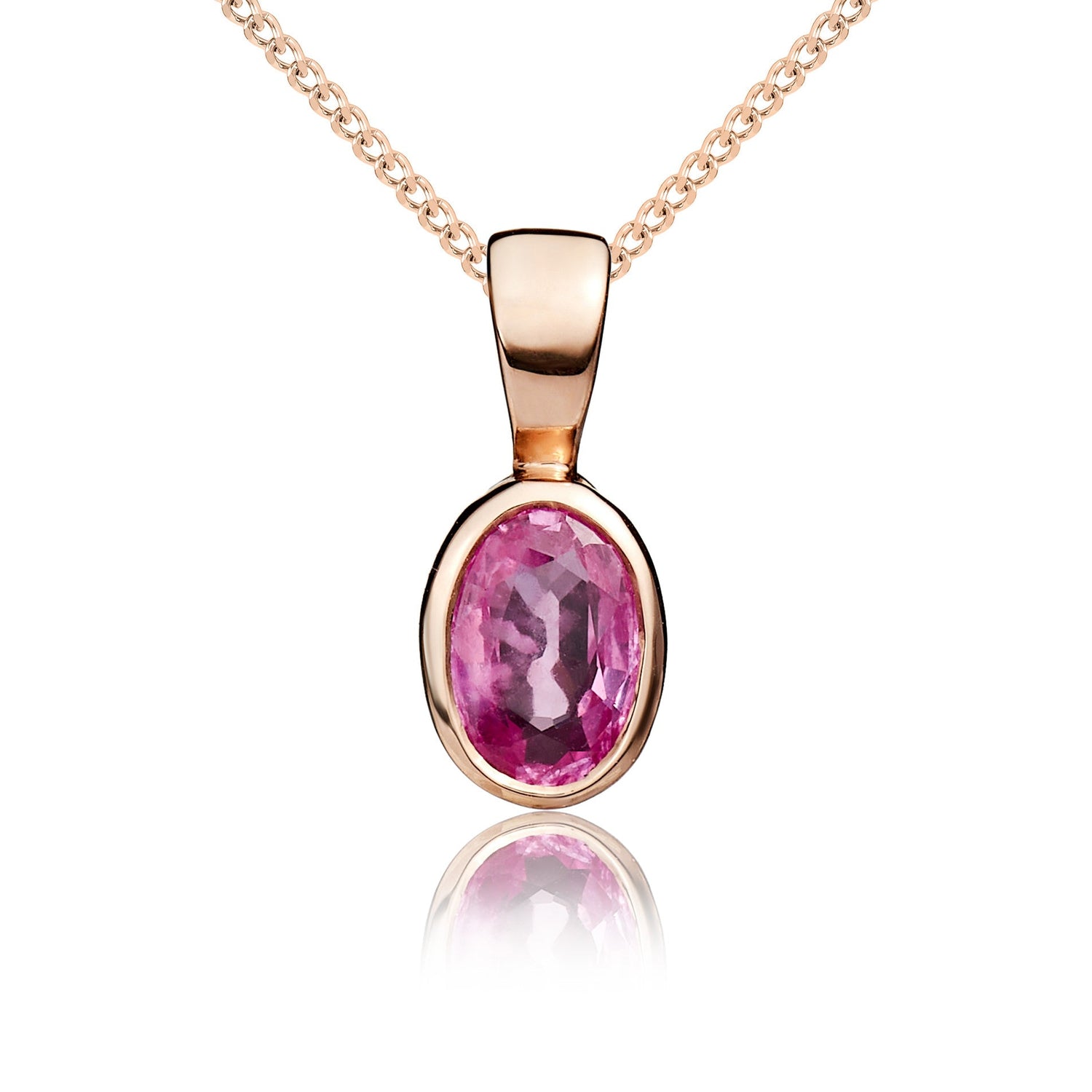 9ct Rose Gold Oval Natural Pink Sapphire Rubover Pendant — 6x4mm