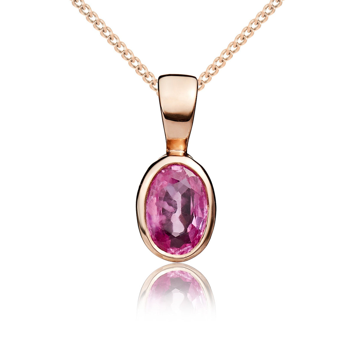 9ct Rose Gold Oval Natural Pink Sapphire Rubover Pendant — 6x4mm