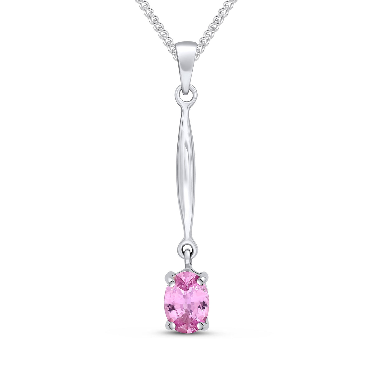9ct White Gold Oval Natural Pink Sapphire Claw Bar Drop Pendant — 7x5mm