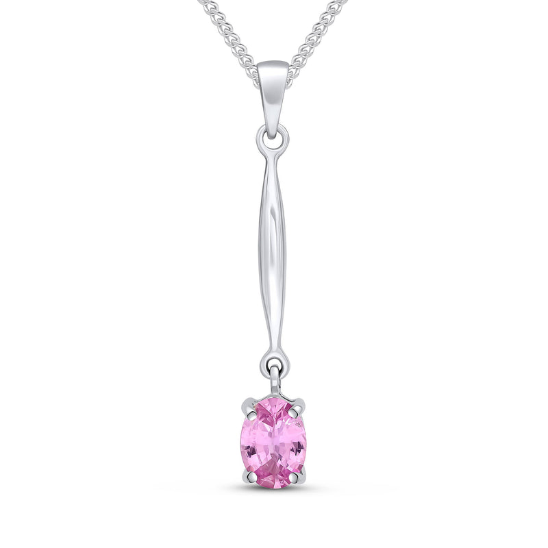 9ct White Gold Oval Natural Pink Sapphire Claw Bar Drop Pendant — 7x5mm