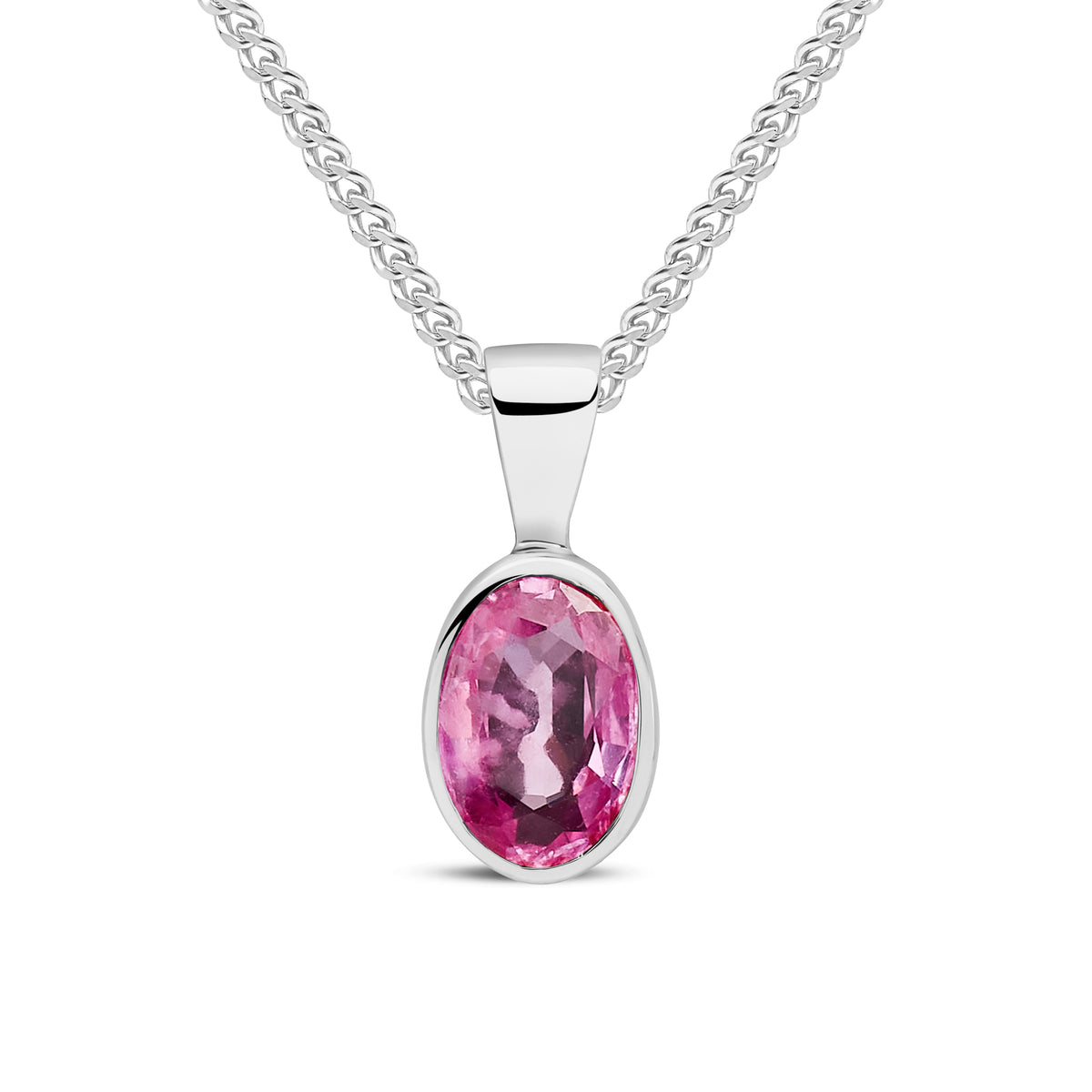9ct White Gold Oval Natural Pink Sapphire Rubover Pendant — 7x5mm