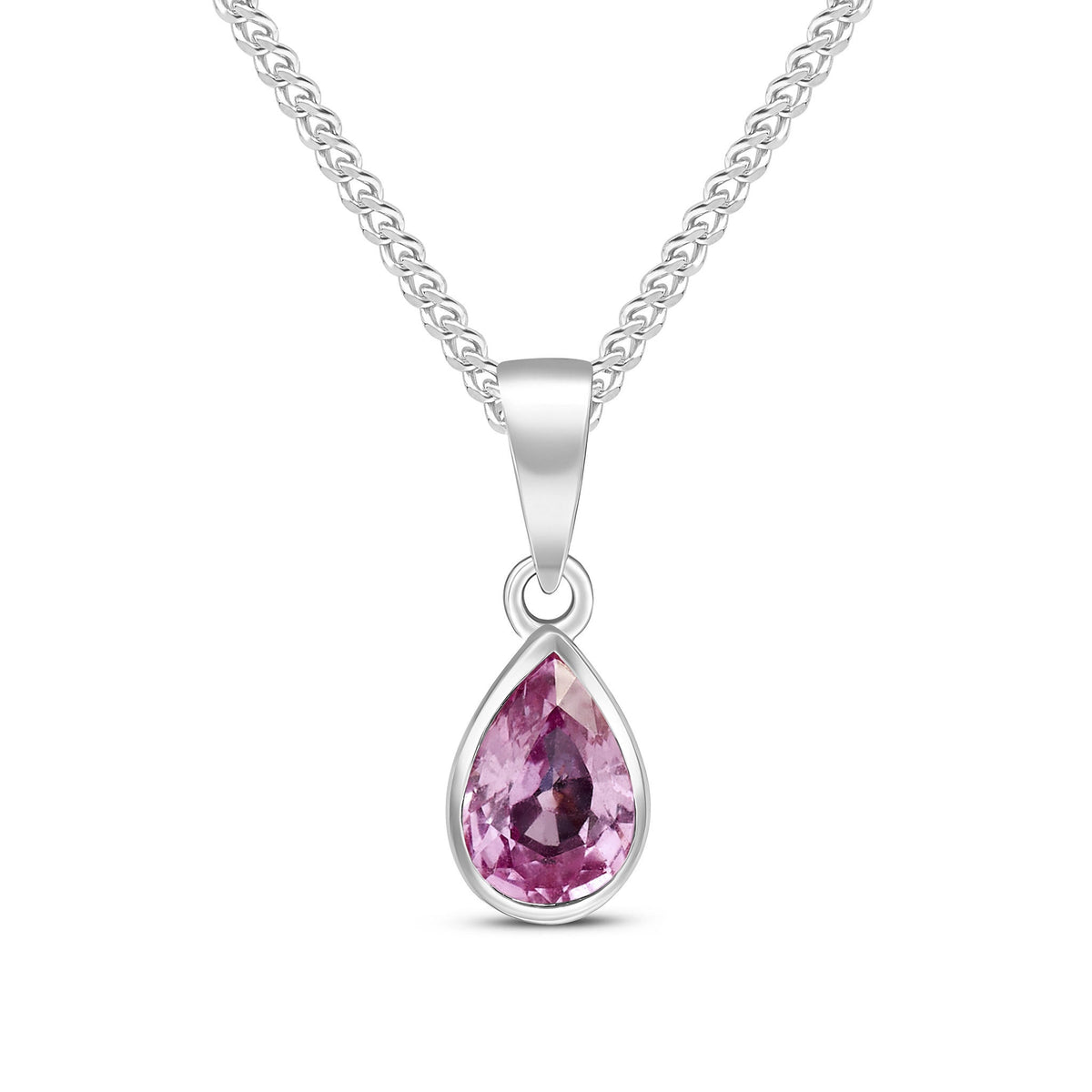 9ct White Gold Pear Shaped Natural Pink Sapphire Rubover Pendant — 7x5mm