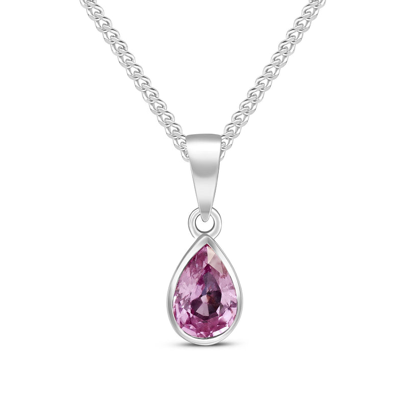 9ct White Gold Pear Shaped Natural Pink Sapphire Rubover Pendant — 7x5mm