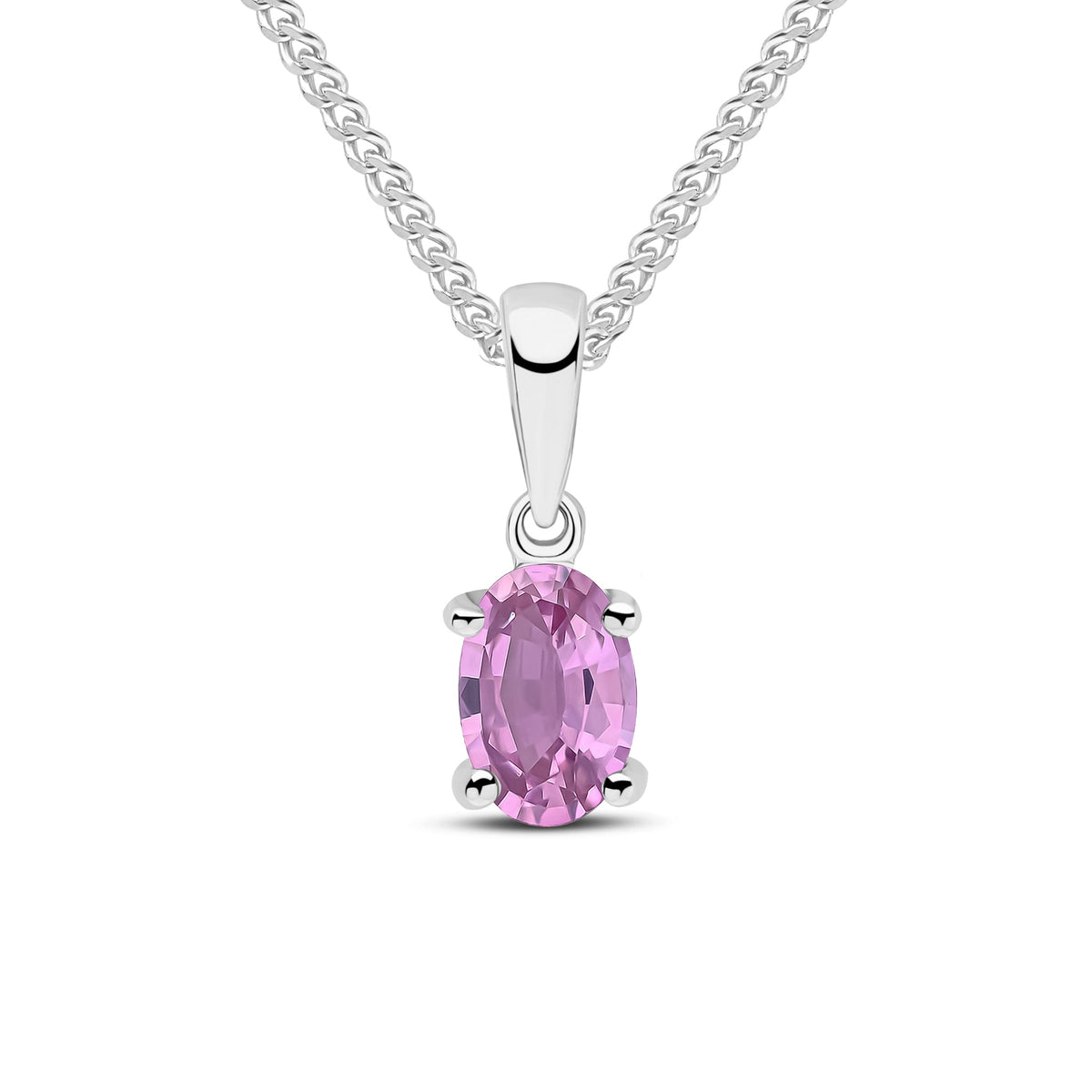 9ct White Gold Oval Natural Pink Sapphire Claw Pendant — 6x4mm