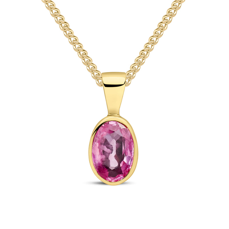 9ct Yellow Gold Oval Natural Pink Sapphire Rubover Pendant — 7x5mm