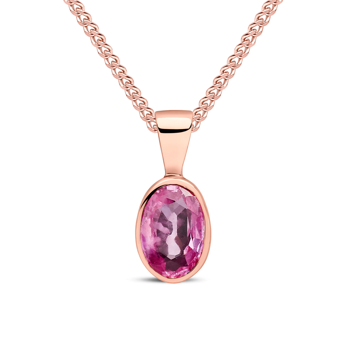9ct Rose Gold Oval Natural Pink Sapphire Rubover Pendant — 7x5mm