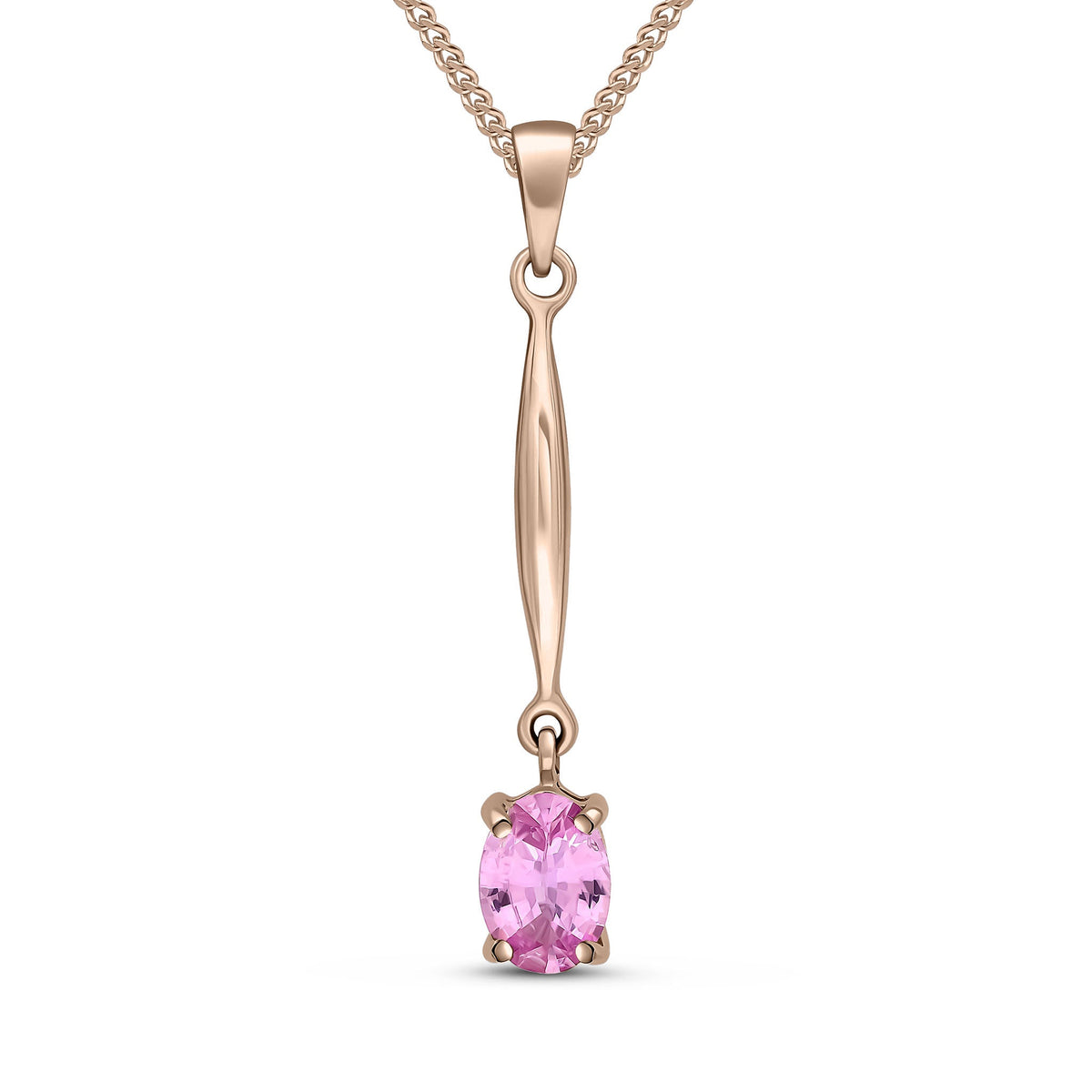 9ct Rose Gold Oval Natural Pink Sapphire Claw Bar Drop Pendant — 7x5mm
