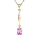 9ct Yellow Gold Oval Natural Pink Sapphire Claw Bar Drop Pendant — 7x5mm