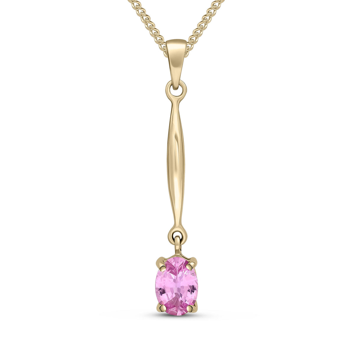 9ct Yellow Gold Oval Natural Pink Sapphire Claw Bar Drop Pendant — 7x5mm