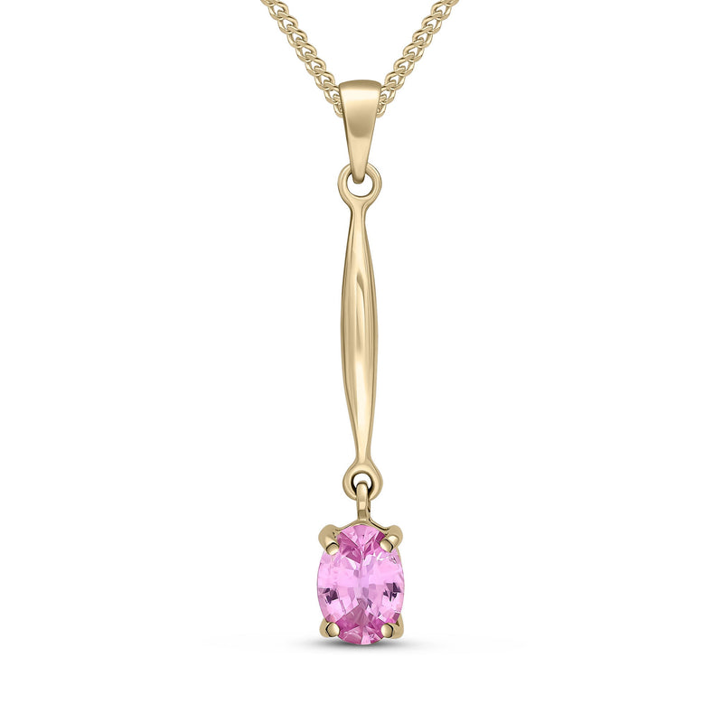 9ct Yellow Gold Oval Natural Pink Sapphire Claw Bar Drop Pendant — 7x5mm