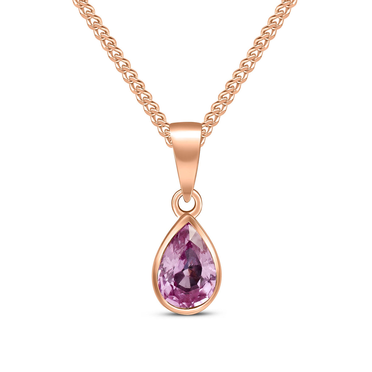 9ct Rose Gold Pear Shaped Natural Pink Sapphire Rubover Pendant — 7x5mm