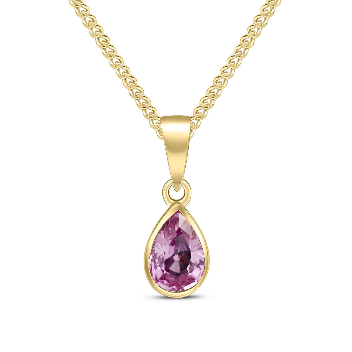 9ct Yellow Gold Pear Shaped Natural Pink Sapphire Rubover Pendant — 7x5mm