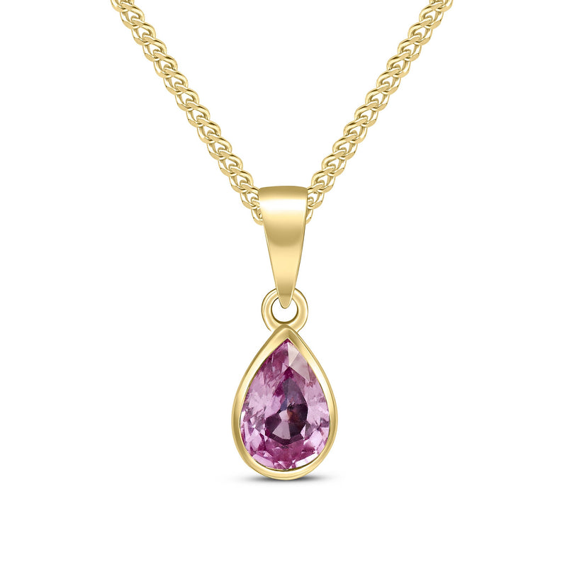 9ct Yellow Gold Pear Shaped Natural Pink Sapphire Rubover Pendant — 7x5mm