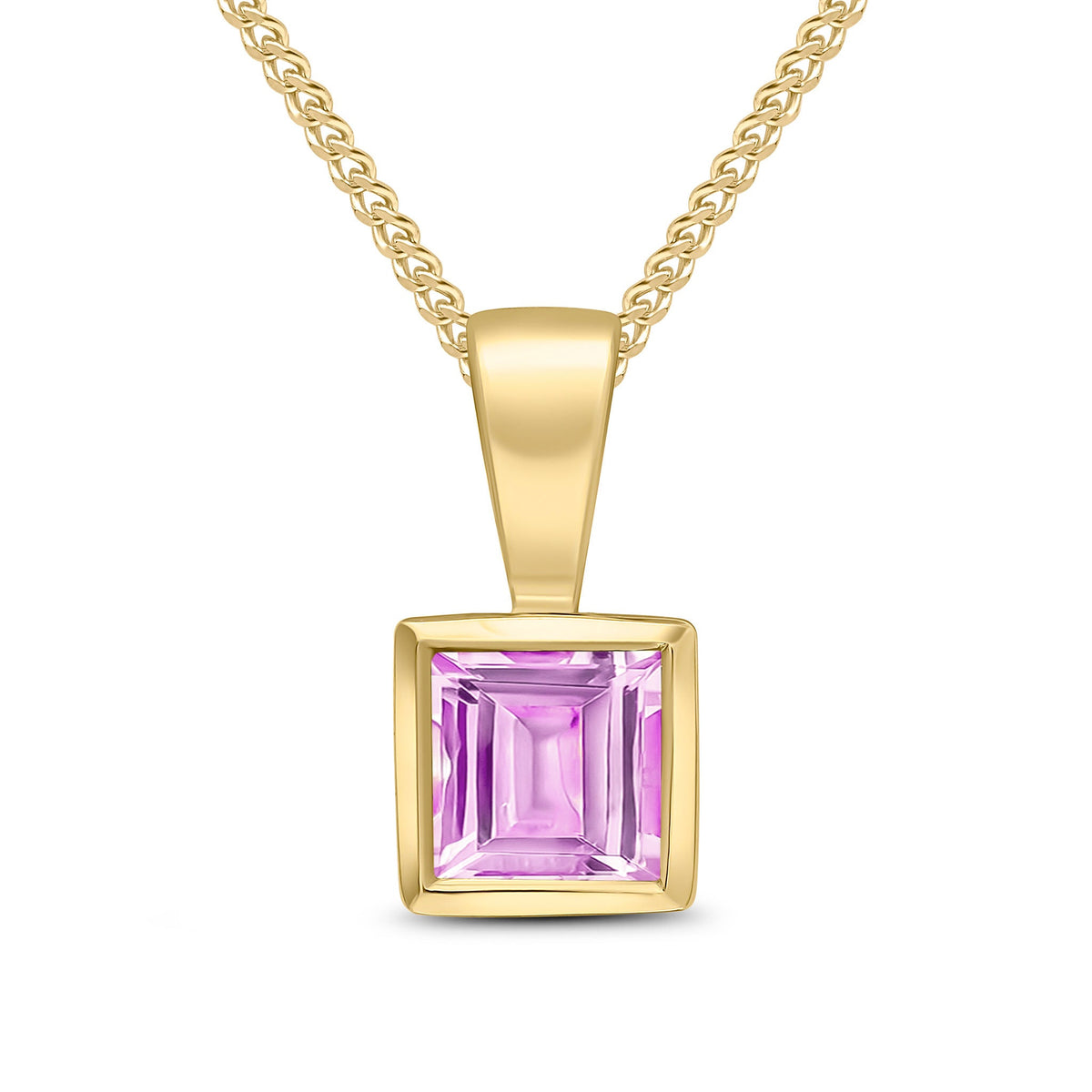 9ct Yellow Gold Square Natural Pink Sapphire Rubover Pendant — 4mm