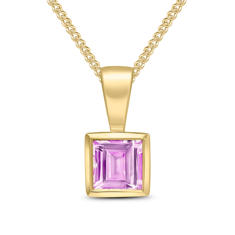 9ct Yellow Gold Square Natural Pink Sapphire Rubover Pendant — 4mm