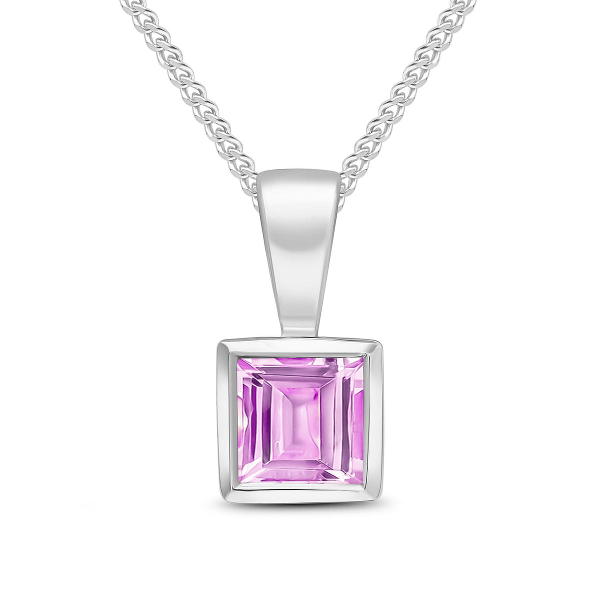 9ct White Gold Square Natural Pink Sapphire Rubover Pendant — 4mm