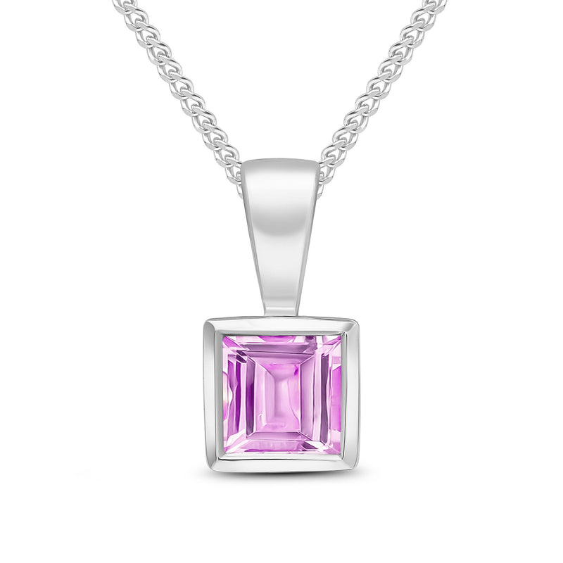 9ct White Gold Square Natural Pink Sapphire Rubover Pendant — 4mm