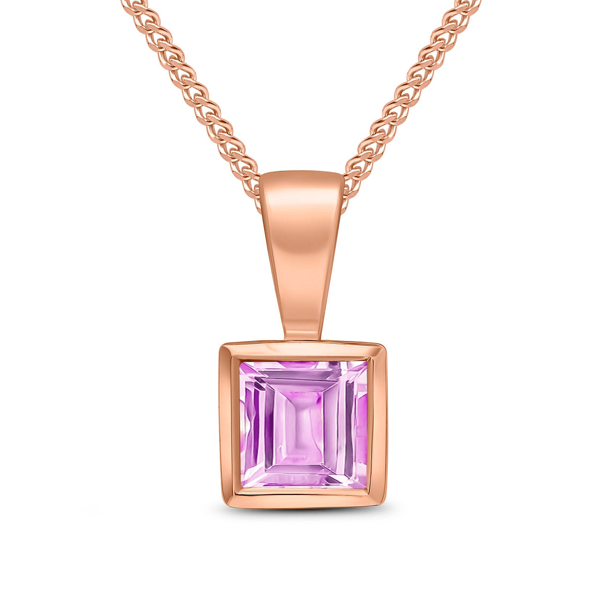 9ct Rose Gold Square Natural Pink Sapphire Rubover Pendant — 4mm