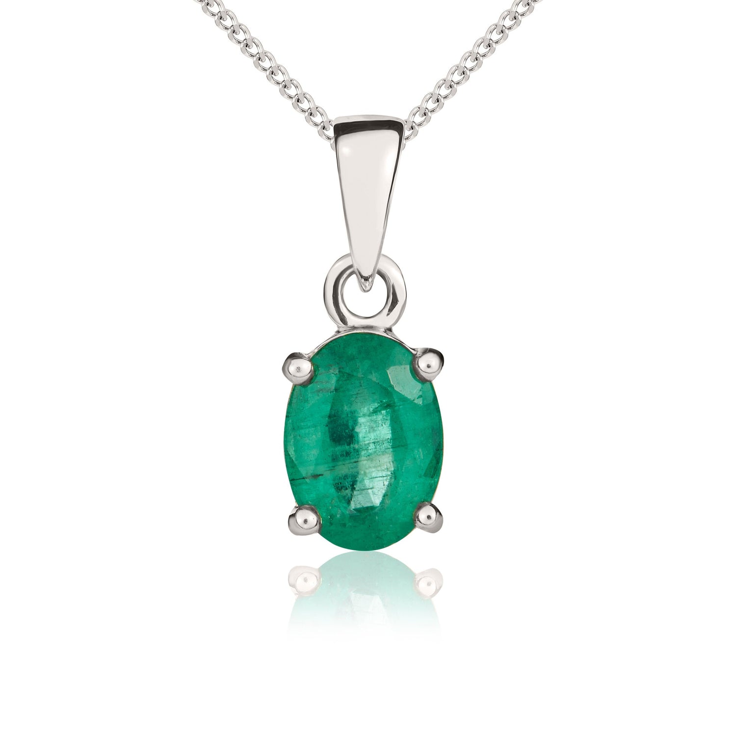 9ct White Gold Oval Natural Emerald Claw Pendant — 7x5mm