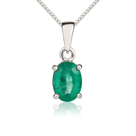 9ct White Gold Oval Natural Emerald Claw Pendant — 7x5mm
