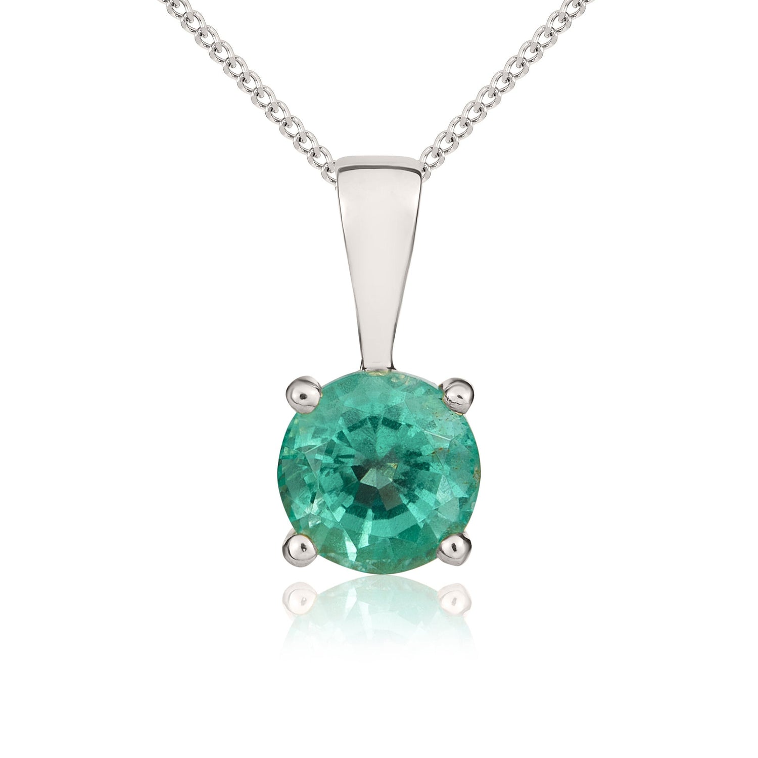 9ct White Gold Round Natural Emerald 4 Claw Single Stone Pendant — 5mm