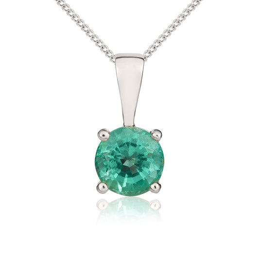 9ct White Gold Round Natural Emerald 4 Claw Single Stone Pendant — 5mm