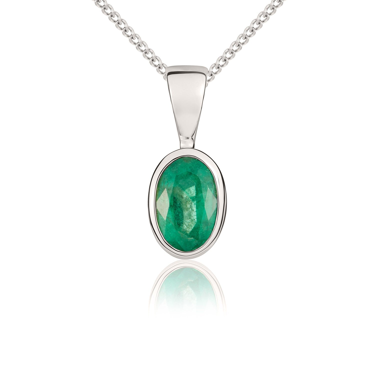 9ct White Gold Oval Natural Emerald Rubover Pendant — 6x4mm