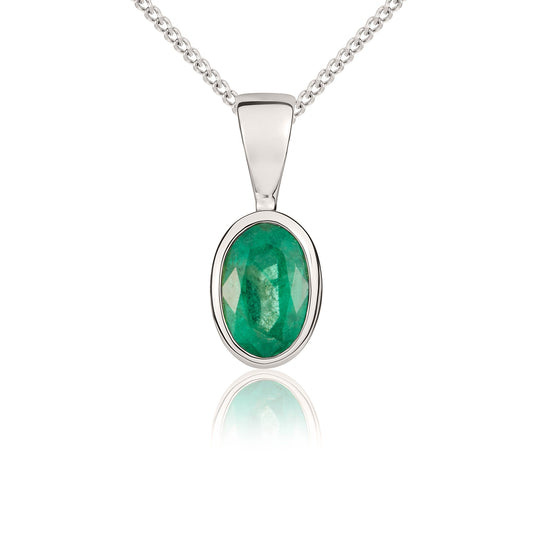 9ct White Gold Oval Natural Emerald Rubover Pendant — 6x4mm