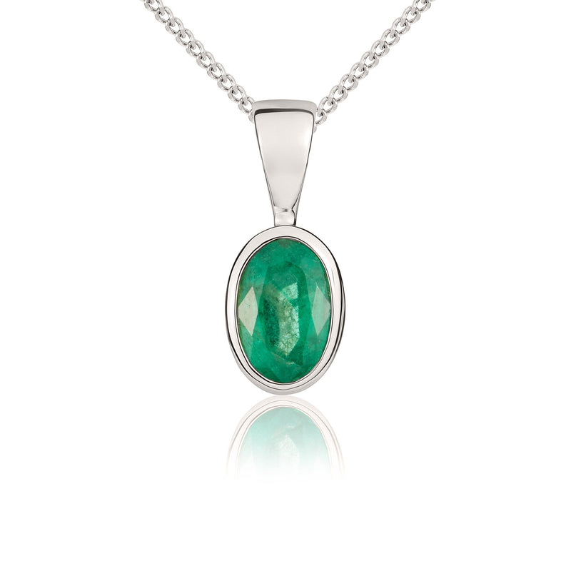 9ct White Gold Oval Natural Emerald Rubover Pendant — 6x4mm
