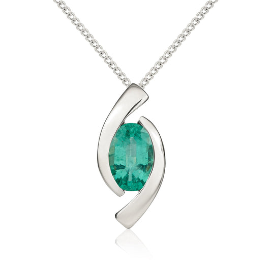 9ct White Gold Oval Natural Emerald 'Eye' Pendant — 6x4mm