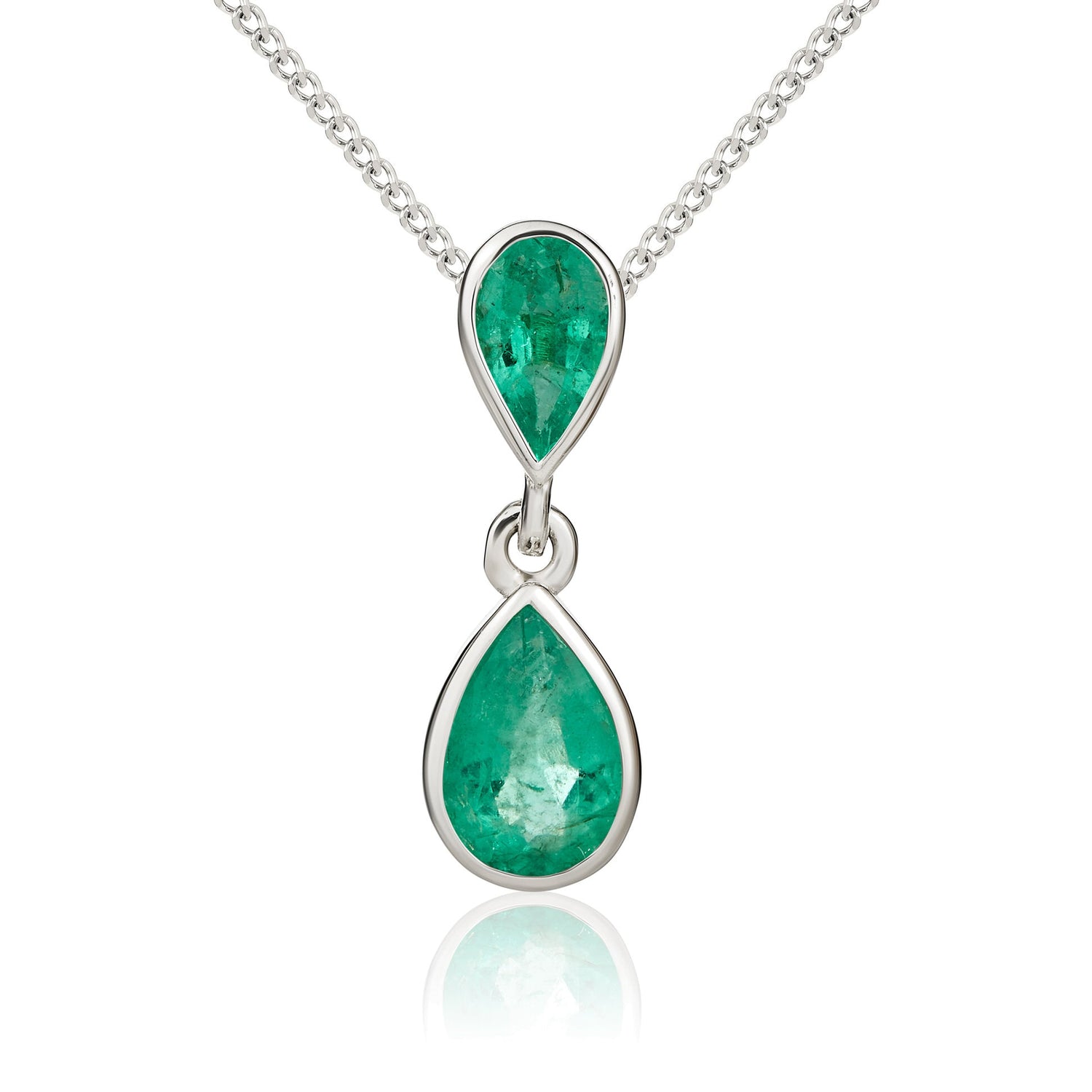 9ct White Gold Pear Shaped Natural Emerald Rubover Double Drop Pendant — 16 x 5.1mm