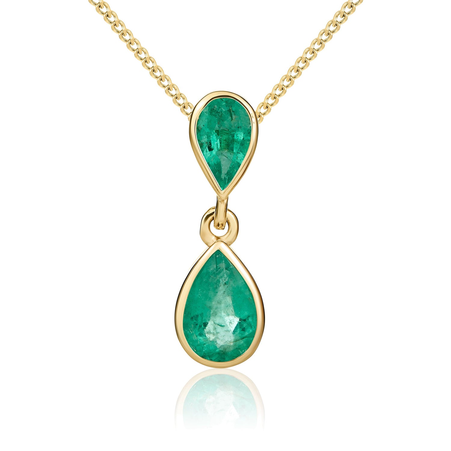 9ct Yellow Gold Pear Shaped Natural Emerald Rubover Double Drop Pendant — 16 x 5.1mm