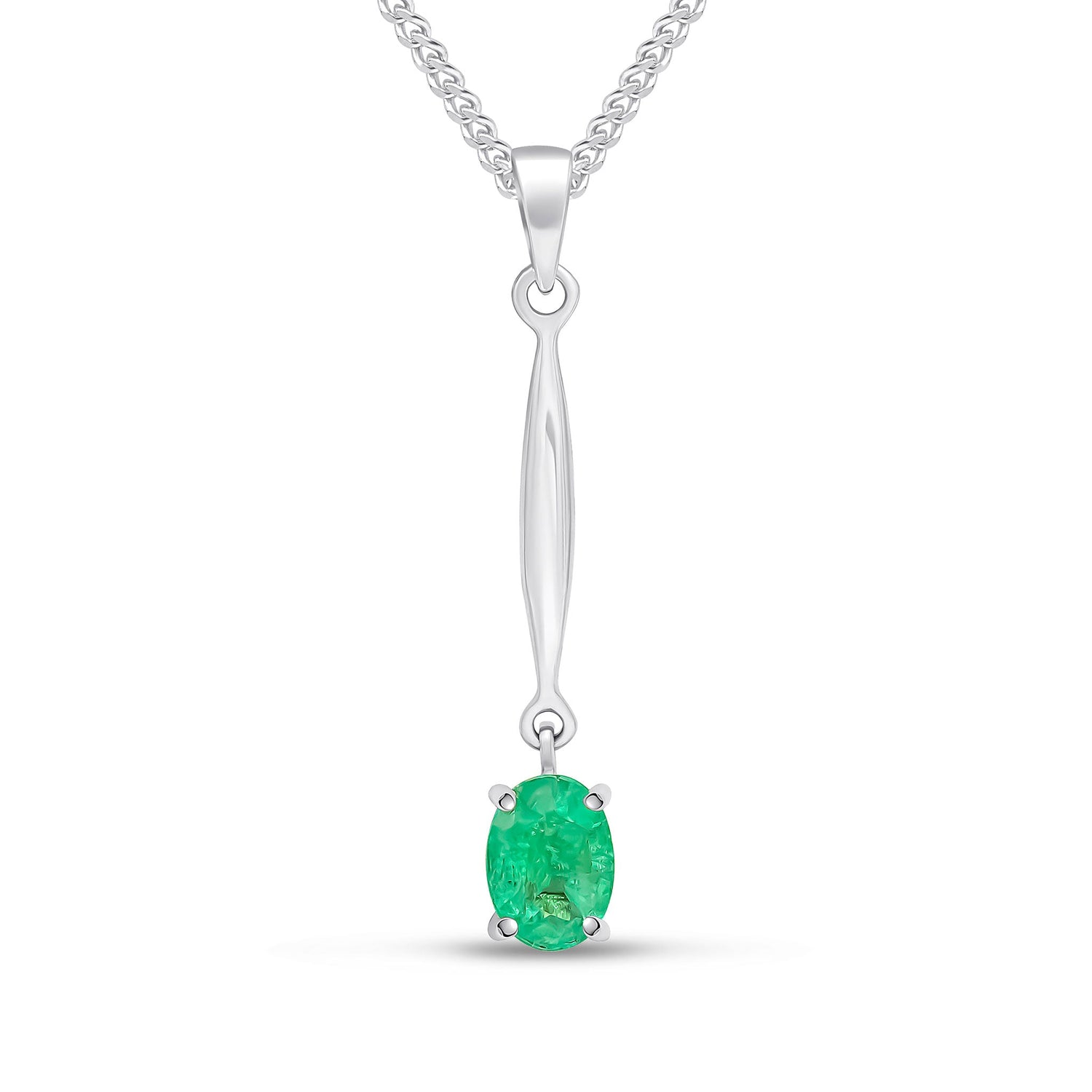 9ct White Gold Oval Natural Emerald Claw Bar Drop Pendant — 7x5mm