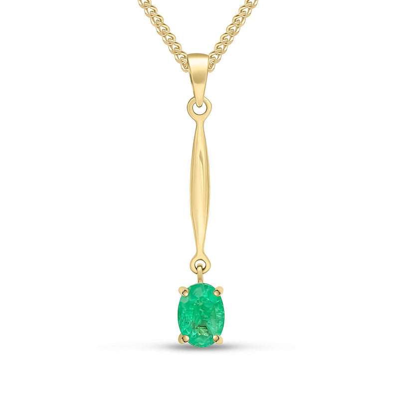 9ct Yellow Gold Oval Natural Emerald Claw Bar Drop Pendant — 7x5mm