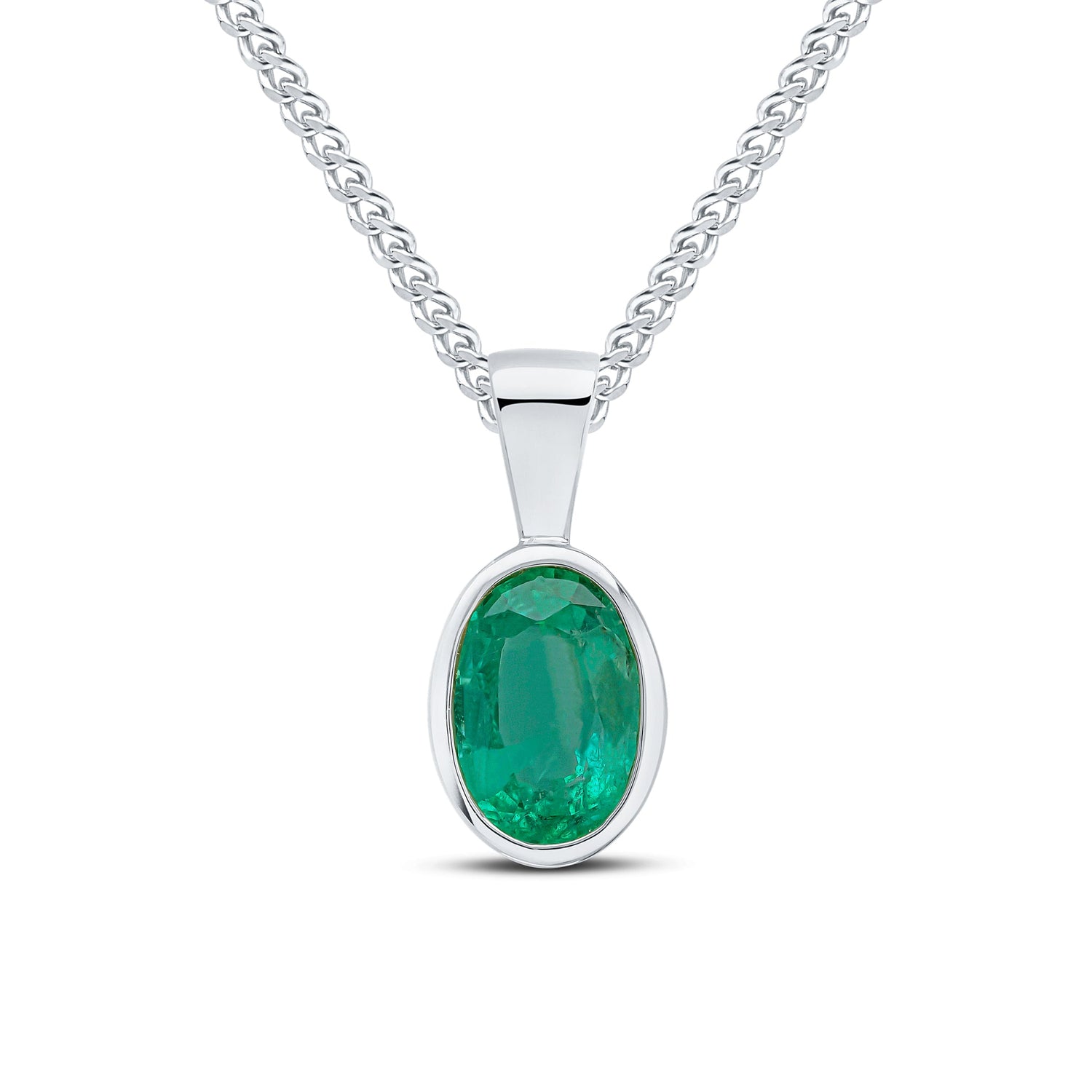 9ct White Gold Oval Natural Emerald Rubover Pendant — 7x5mm