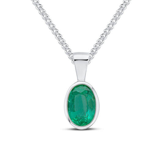 9ct White Gold Oval Emerald Rubover Pendant — 7x5mm