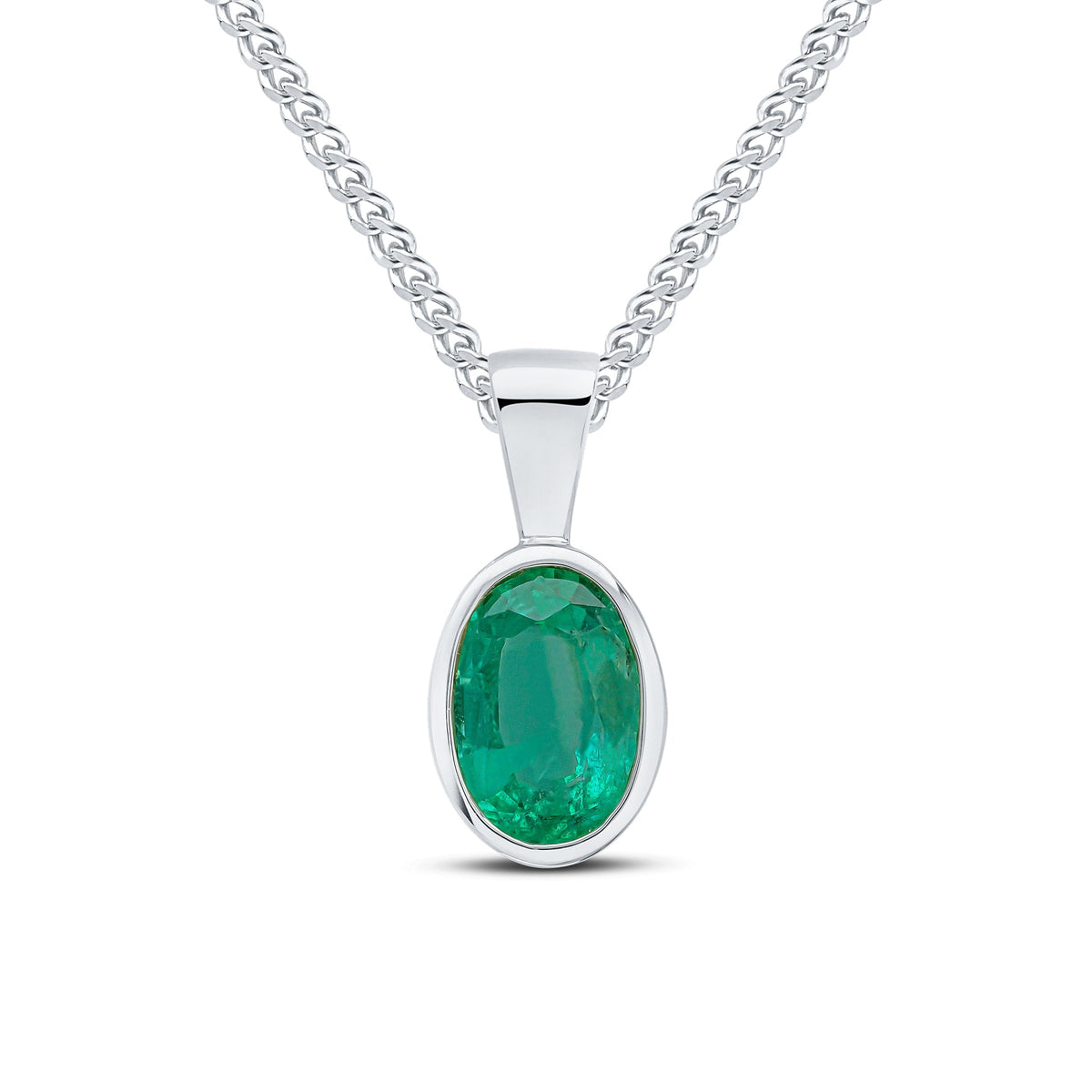 9ct White Gold Oval Natural Emerald Rubover Pendant — 7x5mm