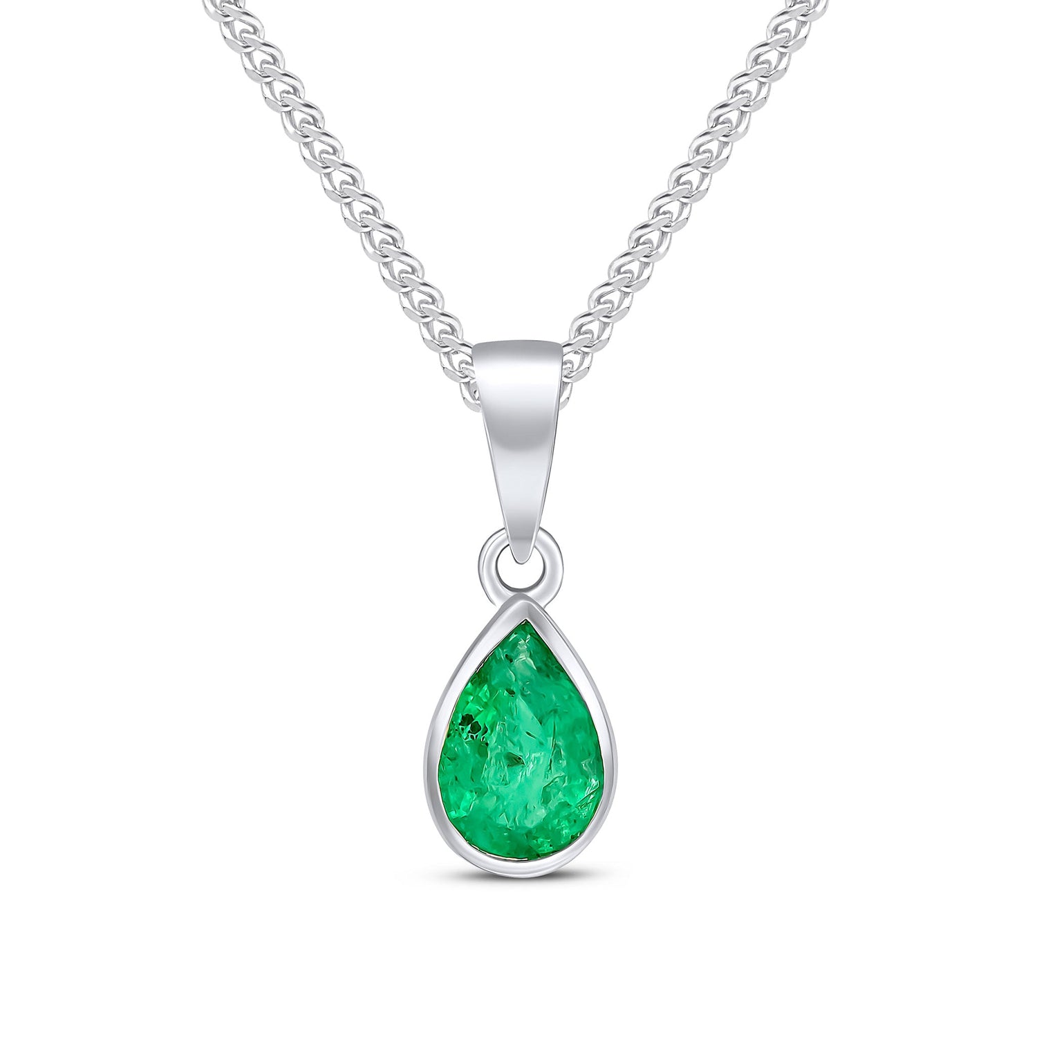 9ct White Gold Pear Shaped Natural  Emerald Rubover Pendant — 7x5mm