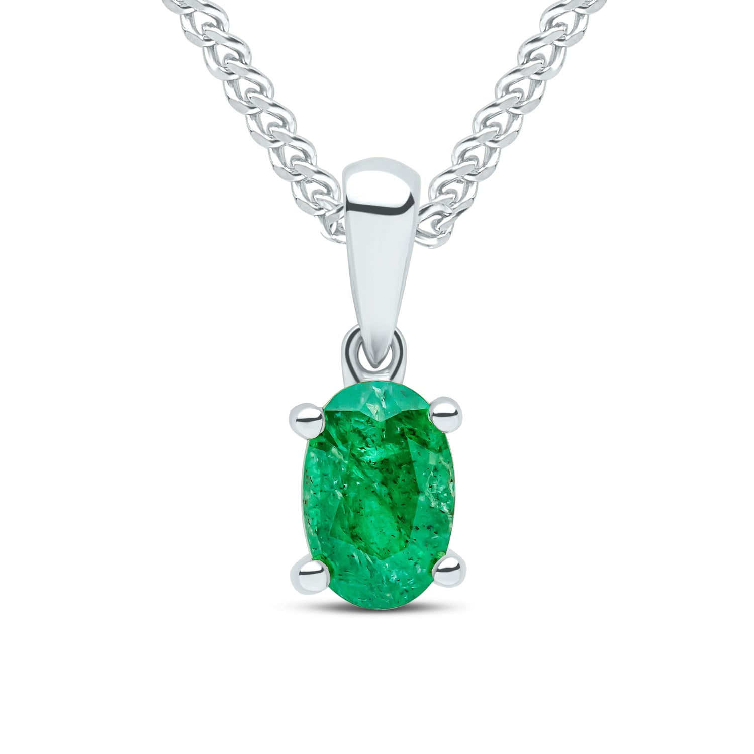 9ct White Gold Oval Natural Emerald Claw Pendant — 6x4mm