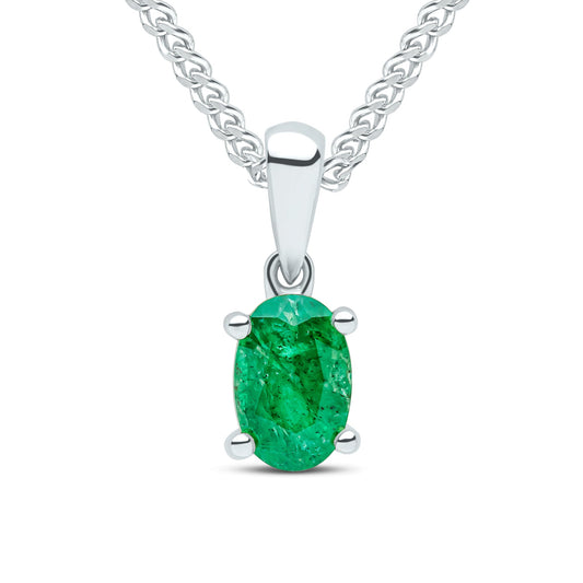 9ct White Gold Oval Natural Emerald Claw Pendant — 6x4mm