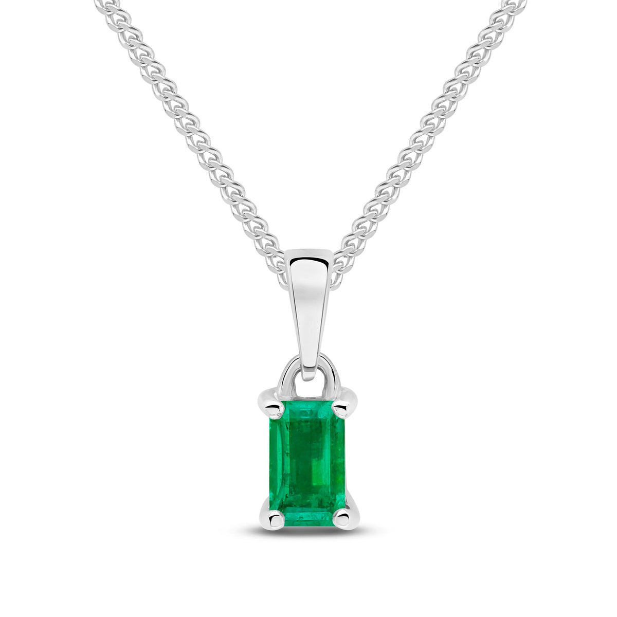 9ct White Gold Octagonal Natural Emerald Claw Pendant — 5x3mm